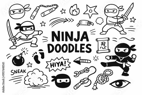 Ninja doodle illustration in black and white hand drawn outline style with stealth warrior weapons and japanese elements