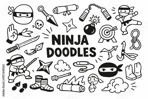 Ninja doodle illustration in black and white hand drawn outline style with stealth warrior weapons and japanese elements