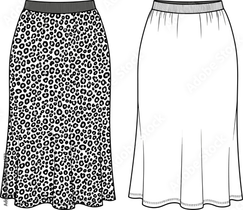 Leopard Print Midi Skirt Technical Flat Sketch, Women's Skirt Vector Illustration, Flat Fashion CAD