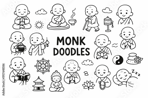 Monk doodle illustration in black and white hand drawn outline style with meditation, spirituality and buddhist symbols