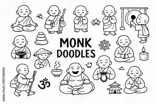 Monk doodle illustration in black and white hand drawn outline style with meditation, spirituality and buddhist symbols