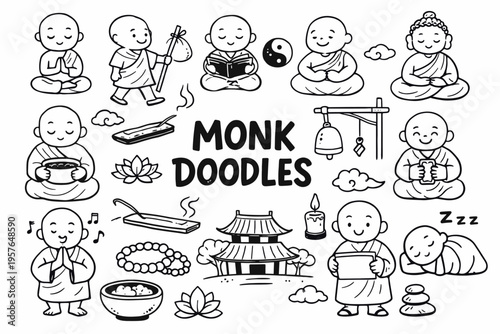 Monk doodle illustration in black and white hand drawn outline style with meditation, spirituality and buddhist symbols