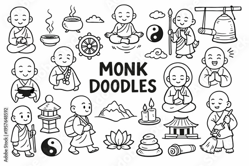 Monk doodle illustration in black and white hand drawn outline style with meditation, spirituality and buddhist symbols