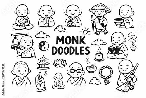 Monk doodle illustration in black and white hand drawn outline style with meditation, spirituality and buddhist symbols