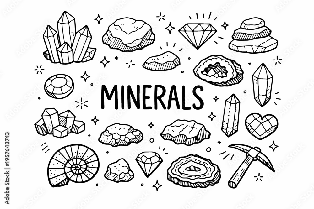 custom made wallpaper toronto digitalMinerals doodle illustration in black and white hand drawn outline style with crystals, gemstones and geology elements
