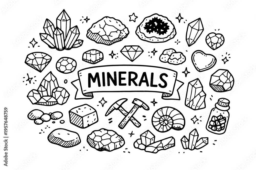 custom made wallpaper toronto digitalMinerals doodle illustration in black and white hand drawn outline style with crystals, gemstones and geology elements