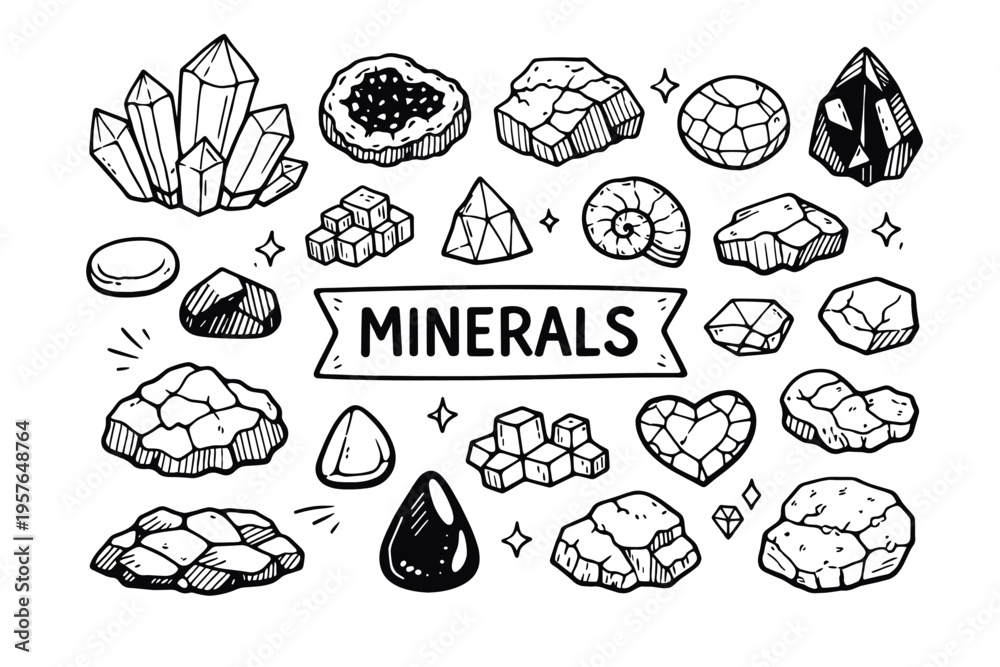 custom made wallpaper toronto digitalMinerals doodle illustration in black and white hand drawn outline style with crystals, gemstones and geology elements