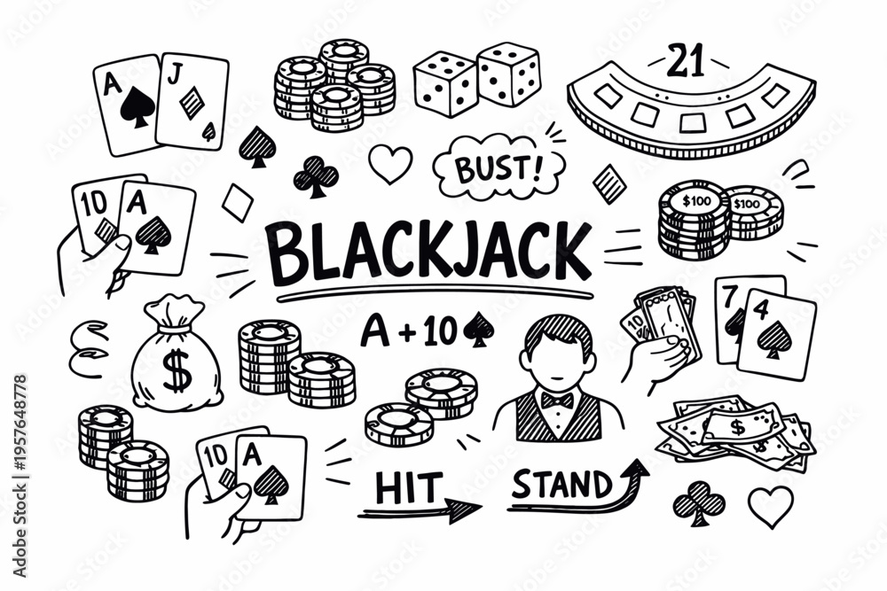 Obraz premium Blackjack doodle illustration in black and white hand drawn outline style with casino cards chips and gambling symbols