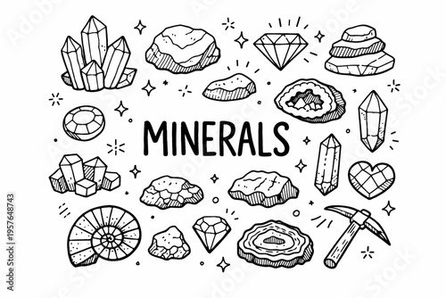 Wallpaper Mural Minerals doodle illustration in black and white hand drawn outline style with crystals, gemstones and geology elements Torontodigital.ca