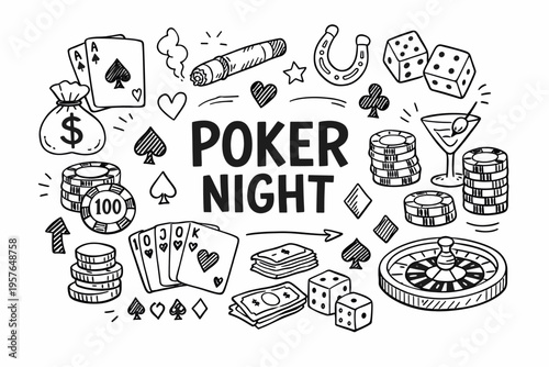 Poker night doodle illustration in black and white hand drawn outline style with casino game symbols, cards and gambling elements