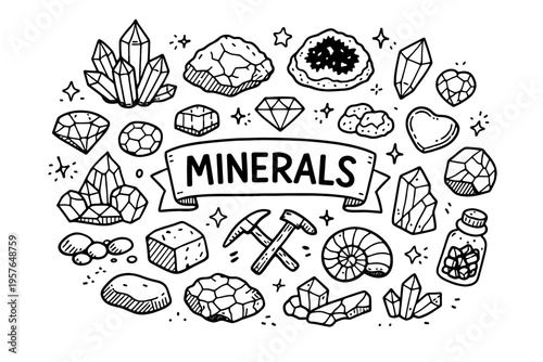 Wallpaper Mural Minerals doodle illustration in black and white hand drawn outline style with crystals, gemstones and geology elements Torontodigital.ca