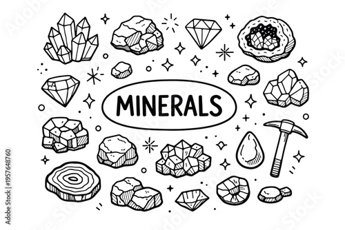 Wallpaper Mural Minerals doodle illustration in black and white hand drawn outline style with crystals, gemstones and geology elements Torontodigital.ca