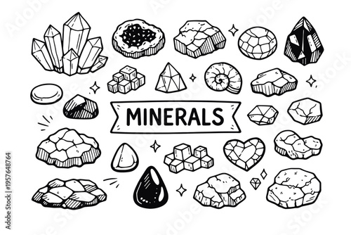 Wallpaper Mural Minerals doodle illustration in black and white hand drawn outline style with crystals, gemstones and geology elements Torontodigital.ca
