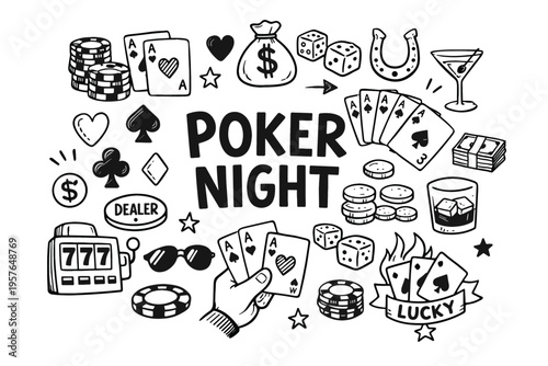 Poker night doodle illustration in black and white hand drawn outline style with casino game symbols, cards and gambling elements