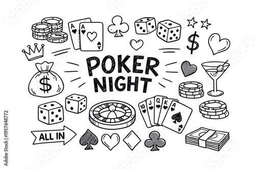 Poker night doodle illustration in black and white hand drawn outline style with casino game symbols, cards and gambling elements