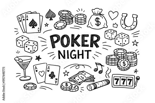 Poker night doodle illustration in black and white hand drawn outline style with casino game symbols, cards and gambling elements