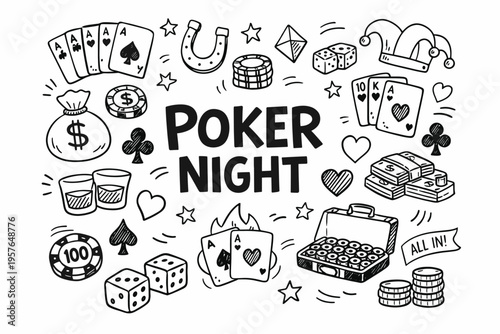 Poker night doodle illustration in black and white hand drawn outline style with casino game symbols, cards and gambling elements