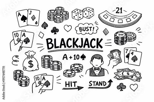 Blackjack doodle illustration in black and white hand drawn outline style with casino cards chips and gambling symbols