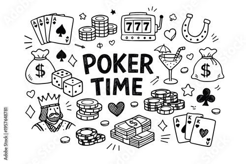 Poker night doodle illustration in black and white hand drawn outline style with casino game symbols, cards and gambling elements