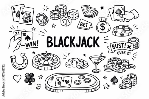 Blackjack doodle illustration in black and white hand drawn outline style with casino cards chips and gambling symbols