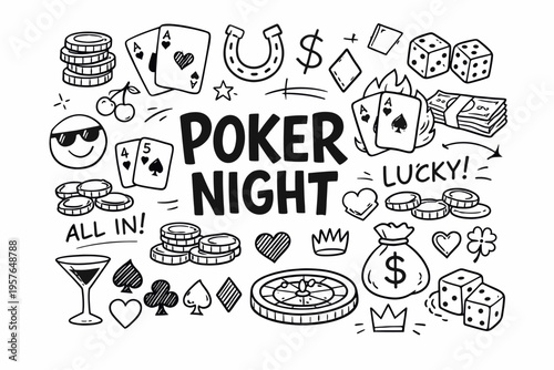 Poker night doodle illustration in black and white hand drawn outline style with casino game symbols, cards and gambling elements