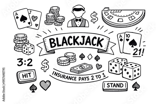 Blackjack doodle illustration in black and white hand drawn outline style with casino cards chips and gambling symbols
