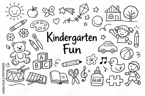 Kindergarten doodle illustration in black and white hand drawn outline style with school toys children and learning elements