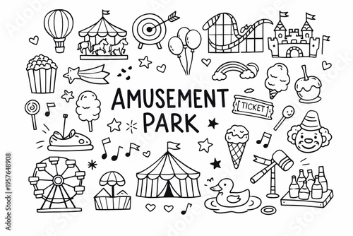 Amusement park doodle illustration in black and white hand drawn outline style with rides tickets sweets and funfair icons