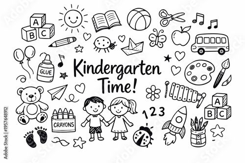 Kindergarten doodle illustration in black and white hand drawn outline style with school toys children and learning elements