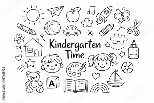 Kindergarten doodle illustration in black and white hand drawn outline style with school toys children and learning elements