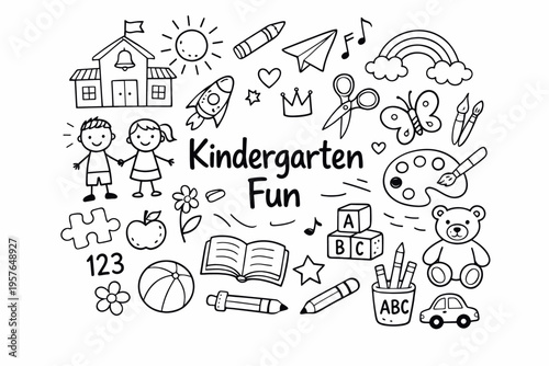 Kindergarten doodle illustration in black and white hand drawn outline style with school toys children and learning elements