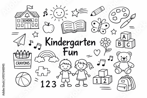 Kindergarten doodle illustration in black and white hand drawn outline style with school toys children and learning elements