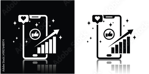 Social Media Growth Icon with Smartphone, Upward Chart, and Marketing Elements Silhouette