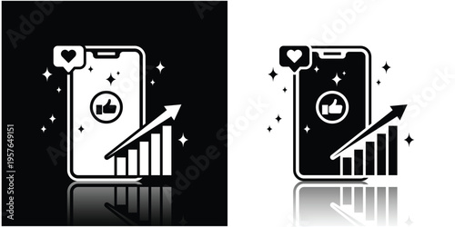 Social Media Growth Icon with Smartphone, Upward Chart, and Marketing Elements Silhouette