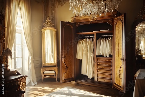 luxury wardrobe antique wooden closet placed inside classic interior creates elegant room atmosphere with vintage furniture luxury lifestyle feeling and neatly hanging shirt