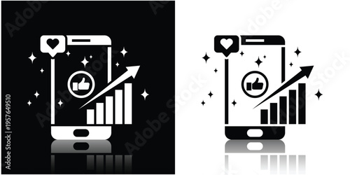 Social Media Growth Icon with Smartphone, Upward Chart, and Marketing Elements Silhouette