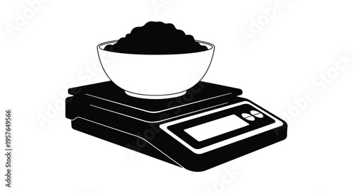 Black coffee beans in white bowl on digital kitchen scale for measuring weight, coffee weight measurement, coffee preparation, kitchen tool, cooking, baking, food, drink, caffeine, healthy lifestyle