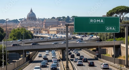 Busy Highway Approaching Historic Roman Cityscape with Iconic Dome