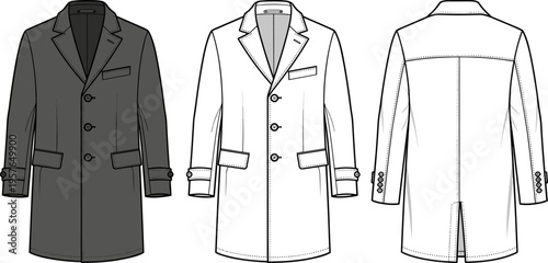 Men's Classic Overcoat Technical Fashion Flat Sketch, Front and Back View Vector Illustration