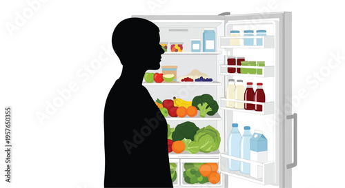 Silhouette of person opening refrigerator full of fresh healthy food and drinks in modern kitchen at home