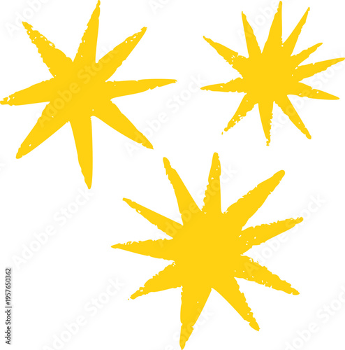 Crayon style star with rough hand drawn edges and playful uneven shape. Bright yellow doodle star suitable for kids designs, school projects, stickers and fun illustrations