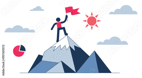 Business leader planting flag on mountain peak, success and achievement flat design vector illustration, representing goal completion, leadership, and career growth for presentations, infographics