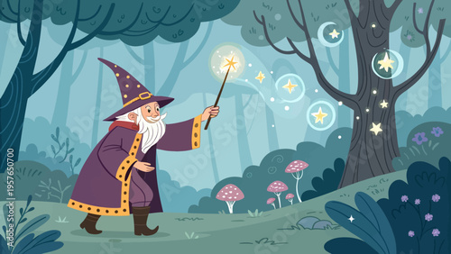 Whimsical elderly wizard with a long white beard and pointed hat casts a spell with a glowing wand in a magical forest filled with oversized mushrooms and sparkling stars evoking a sense of fantasy