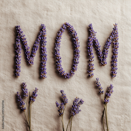 Word MOM made from lavender flowers on neutral background, minimal Mother’s Day wellness concept with copy space