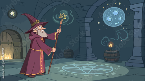 Mysterious medieval wizard with long white beard and pointed hat conjures magic with glowing staff inside ancient stone chamber illuminated by moonlight and mystical symbols on floor evoking fantasy