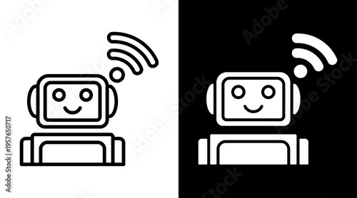 Robot Icon. Two-Tone Version On Black And White Background.