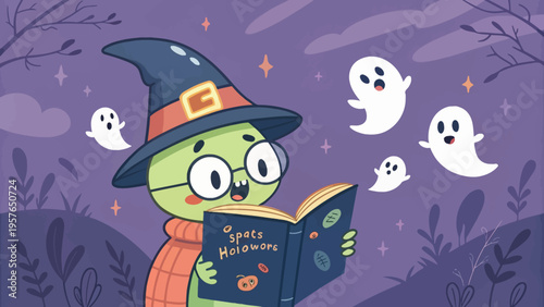 Whimsical cartoon witch character wearing a pointy hat and glasses engrossed in reading a spooky halloween themed book surrounded by playful floating ghosts and a magical starry night sky evoking