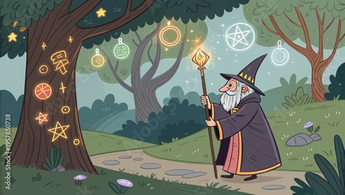 Whimsical cartoon wizard with a long white beard and pointed hat holding a glowing magical staff walking on a stone path through an enchanted forest with glowing symbols and mystical orbs adorning