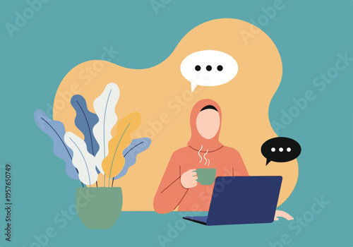 Woman in hijab working on laptop with coffee, chat bubbles nearby