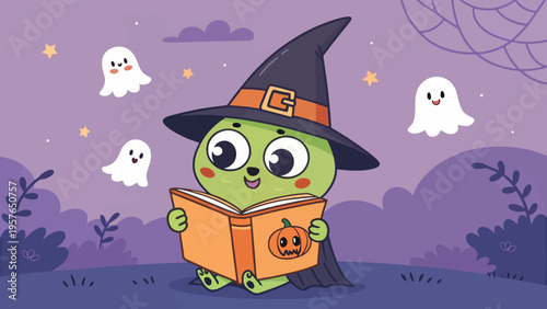 Whimsical cartoon witch character with big eyes and a friendly smile wearing a pointy black hat with an orange band sits on the ground reading an open orange book decorated with a pumpkin surrounded